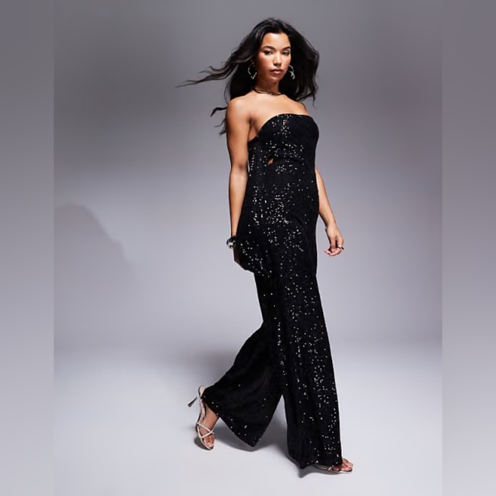 ASOS DESIGN black sequin bandeau wide leg jumpsuit